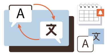 A harfli konuşma baloncukları ve çevrilmiş karakter değişim, takvim, bilgilendirme, dizüstü bilgisayarı gösteren dairesel oklar. Çeviri, iletişim, küresel bağlantı, eğitim iş akışı için ideal