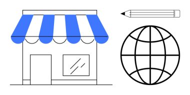 Mavi çizgili tenteli vitrin, küresel erişimi olan dünya, yaratıcılık için kalem. İş için ideal, girişimcilik, e-ticaret, küreselleşme, yaratıcılık çevrimiçi pazarlama eğitimi. Basit.