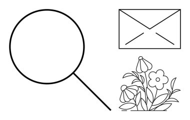 Bir zarf ve çiçeklerin yanında büyüteç. Arama, keşif, iletişim, büyüme, doğa, keşif ve araştırma için ideal. Basit bir düz metafor.