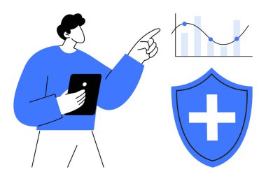 Bir tablet tutarken, sağlık koruma kalkanı ikonu olan bir veri grafiğini gösteren kişi. Analiz, sağlık güvenliği, strateji, sağIık, teknoloji, veri görselleştirme için ideal. Basit düz