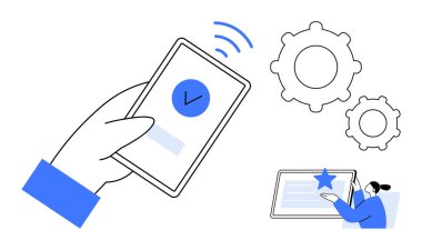 Kontrol işaretli akıllı telefon, uygulama konfigürasyonunu temsil eden vitesler, tabletle etkileşime geçen kişi. Teknoloji, uygulama kullanımı, üretkenlik, ayarlar, dijital araçlar, kullanıcı arayüzü için ideal
