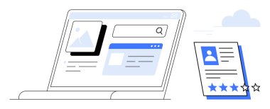 Yıldız reytingli profesyonel bir özgeçmişin yanında arama çubuğu, resim ve uygulama pencerelerini gösteren dizüstü bilgisayar. İşe alım, kariyer geliştirme, iş başvuruları, profesyonel