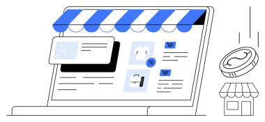 Mağaza vitrinli dizüstü bilgisayar ekranı, ürün kartları, indirim etiketi, alışveriş arabası ikonu ve küçük bir dükkana düşen bir bozuk para. E-ticaret için ideal, çevrimiçi alışveriş, perakende satış, dijital