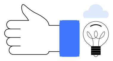 Ampul ve minimalist bulutun yanında mavi kollu olumlu bir jest, fikirleri vurguluyor, geri bildirim, yaratıcılık, onay, yenilik, problem çözme ve karar verme. İş için ideal