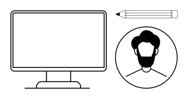 Minimalist tarzda bilgisayar monitörü, kalem ve kullanıcı profili. Teknoloji, çalışma alanı, profil yönetimi, yaratıcılık, uzaktan çalışma çevrimiçi kimliği için ideal. Basit düz metafor