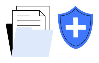 Üzerinde haç olan mavi bir kalkanın yanında istiflenmiş kağıtlarla klasörü aç. Mahremiyet, siber güvenlik, tıbbi kayıtlar, uyum, güvenli depolama, güven ve güvenlik konuları için ideal. Basit düz metafor