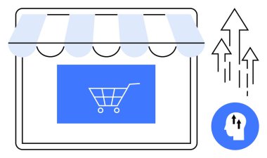 E-ticaret konsepti. E-ticaret büyümesi bir mağaza vitrininde, alışveriş arabasında ve yukarı bakan oklarda. E-ticaret dijital perakende, piyasa trendleri ve iş büyüme stratejileri. Perakende ve analiz için ideal
