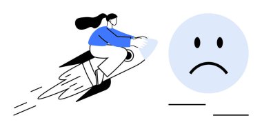 İlerleme konsepti. Roket tutkusu ve hızı olan bir kadın üzgün bir yüz zorluklarıyla karşılaşır. Yenilikçilikte ilerleme, engellerin aşılması, kişisel büyüme, kariyer veya iş geliştirme