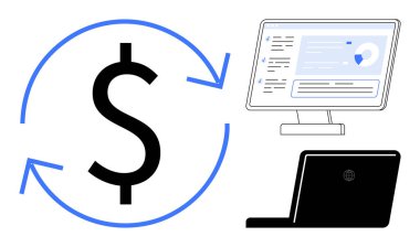 Finansal akışı simgeleyen işaretli dolar işareti analitik ve dizüstü bilgisayarı gösteren bir monitörün yanında. Finans, teknoloji, yatırım, ekonomi, iş akışı, iş dünyası için ideal