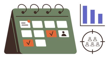 İşaretli tarihli yeşil masa takvimi, analiz için bar çizelgesi ve hedef kitle simgesi. Program, verimlilik, planlama, pazarlama, araştırma, izleyici analizi için ideal basit düz metafor