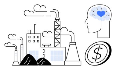 Duman yayan fabrika kirliliği simgeler, zihinsel farkındalık kafayla kalple, ekonomik tasvir parayla. Sağlık, sürdürülebilirlik, ekonomi, çevre ve karar verme için ideal
