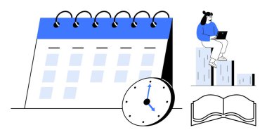 İşaretli tarihli takvim, saat işaretleme zamanı, bar grafiğinde dizüstü bilgisayarı olan kişi, yakınlarda açık kitap. Üretkenlik, planlama, eğitim, programlama, teslim tarihleri organizasyon için ideal