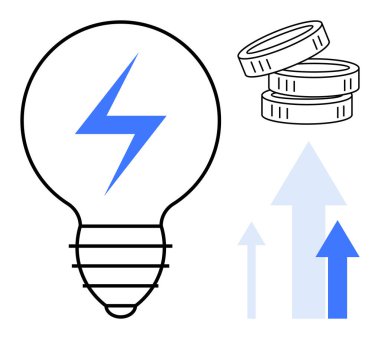 Yıldırım enerjisi olan ampul, madeni paraları simgeleyen istiflenmiş paralar ve büyümeyi, ilerlemeyi ya da başarıyı yansıtan yukarı doğru oklar. Enerji, yenilik, ekonomi ve iş için ideal