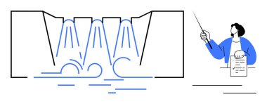 Modern baraj yapısından yükselen akışkan su, elinde işaret olan profesyonel bir veri sunuyor. Suyun korunması, hidroelektrik, çevre eğitimi, yönetim ve temiz enerji için ideal