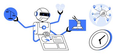 Robot çoklu görevleri adalet terazisi, robot kol, kalp izleme, ağ haritası ve dijital ekrandaki görevleri ele alarak gerçekleştiriyor. Yapay zeka, teknoloji, robot bilimi, üretkenlik sağlık yasası için ideal