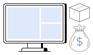 Şebeke düzeni, karton kutu ve para çantalı bir masaüstü monitörü. E-ticaret, çevrimiçi pazarlar, lojistik, dijital ödemeler, finansal yönetim müşteri hizmetleri küresel ticaret için idealdir. Basit.