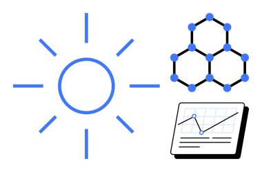 Mavi güneş sembolü, moleküler diyagram ve yenilenebilir enerji, araştırma, veri analizi, yenilik, bilim, sürdürülebilirlik eğitimi için analitik grafik. Basit bir düz metafor.