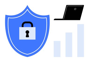 Korunmayı, dizüstü bilgisayarı ve yükselen çubuk grafiğini simgeleyen, veri güvenliğini, güvenli bilgisayarı ve mahremiyeti simgeleyen bir kalkan. Teknoloji, güvenlik, veri analizi, gizlilik bilişim için ideal
