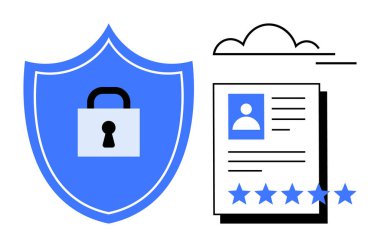 Kimlik ve derecelendirme içeren bulut bağlantılı bir belgenin yanında asma kilit ve siber güvenliği temsil eden bir kalkan. Veri güvenliği, gizlilik politikaları, ağ oluşturma, bulut depolama için ideal