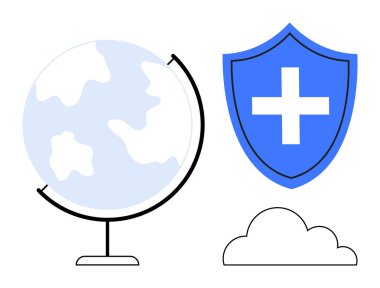 Dünya çapında kapsamı temsil eden küre, korumayı sembolize eden tıbbi haçla kalkan ve teknoloji ya da soyut bir element olarak bulut. Sağlık, küresel güvenlik, sağlık sigortası ve bulut için ideal
