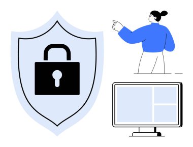 Kilitli kalkanlar güvenliği simgeler, farkındalığı temsil eden kişi, dijital ortam için masaüstü ekranı. Veri koruması, çevrimiçi güvenlik, mahremiyet, güvenlik farkındalığı ve bilişim için ideal