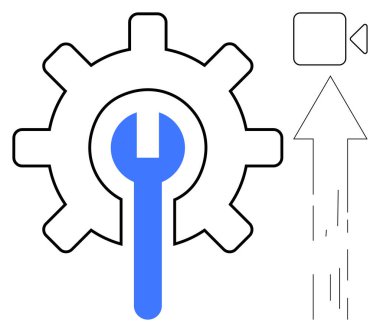 Teknik ayarları sembolize eden ingiliz anahtarı, ortam dosyaları için video simgesi ve yükleme için yukarı doğru ok. Teknoloji, medya yönetimi, onarım, içerik oluşturma, dijital için ideal