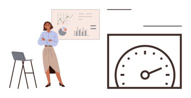 Çizelge ve hız göstergesi başında duran kadın, veri analizi, performans değerlendirmesi, hedef belirleme, iş büyümesi, ilerleme ölçümü temsil ediyor. Analiz, strateji ve verimlilik için ideal