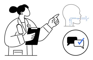 Tıbbi pratisyen, insan profilinin yakınındaki hava akışı diyagramına konuşma baloncuğu ve işaret ile bakıyor. Sağlık, eğitim, solunum sağlığı, doktor danışmanlığı, iletişim, tıbbi danışmanlık için ideal
