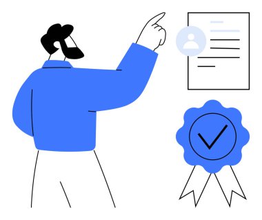 Profil detaylarıyla dolu bir belgeye işaret eden bir adam, işaretli bir rozetin yanında. İşe alım, sertifika, kalite güvencesi, eğitim, onay, iş uyumu ve başarı için ideal. Basit.