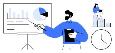 Dosyasında veri sunan bir işadamı, dizüstü bilgisayarı olan bir kadın istiflenmiş bloklar üzerinde çalışıyor, saati gösteriyor. Takım çalışması için ideal, analitik, üretkenlik, planlama, eğitim, strateji basit düz