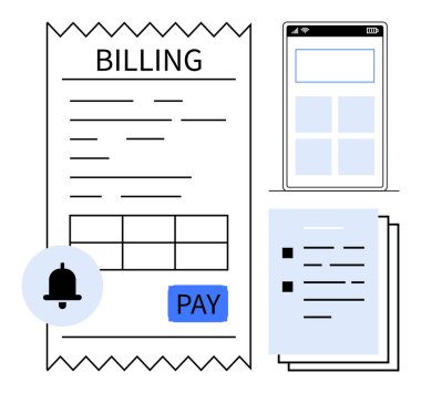 Ayrıntılı listeli fatura kağıdı, ödeme düğmesi, akıllı telefon uygulaması ekranı, uyarı ve belgeler. Basit bir daire bütçesini finanse etmek, ödemeler, faturalar, işlemler için ideal