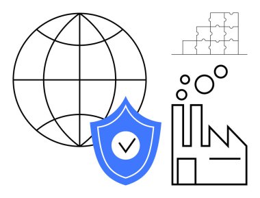 Güvenlik kavramı. Kalkan işaretli güvenlik. Küresel koruma, endüstri ve sistem entegrasyonu bağlantıları. Teknoloji, üretim ve endüstriyel güvenlik için.