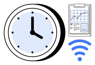 Analog saat, analitik çizelge panosu ve verimliliği, verimliliği, analitiği, uzaktan çalışmayı, teknolojiyi, iletişimi ve zamanı gösteren kablosuz sinyal. Basit bir düz metafor.