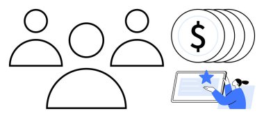 Üç kişilik simgeli minimal tasarım, dolar işaretli bozuk paralar ve tabletle etkileşim halinde olan insanlar. Takım çalışması, finans, dijital platform, işbirliği, ödül sistemi, e-öğrenim için ideal