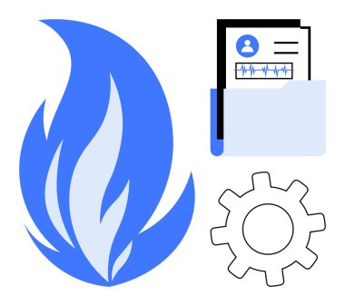 Mavi alev, belgeli dosya ve enerji, belge ve sistem otomasyonunu sembolize eden bir donanım. Verimlilik, analitik, organizasyon, mekanik iş akışı enerji ekip çalışması için ideal