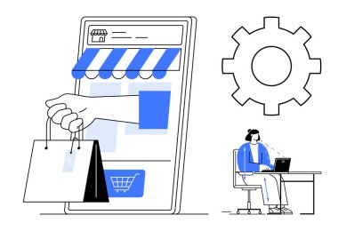 E-ticaret konsepti. Mobil vites, alışveriş torbaları ve vites simgesini gösteren elektronik ticaret görüntüleri. Çevrimiçi mağazalar, dijital alışveriş, perakende satış, teknoloji ve pazarlama uygulamaları için e-ticaret