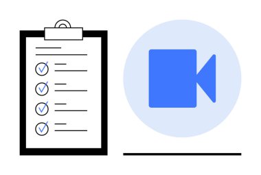 Mavi bir video simgesinin yanındaki listede mavi işaretli siyah pano. Görev yönetimi için ideal, çevrimiçi toplantılar, planlama, üretkenlik, uzaktan çalışma, organizasyon, takım çalışması. Basit düz