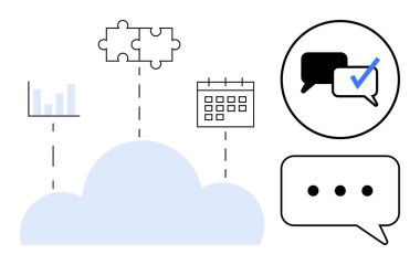 Bulut destekleyici grafikler, bulmaca parçaları, takvim ve konuşma baloncukları takım çalışması, organizasyon, analitik, görev yönetimi, beyin fırtınası üretkenlik ve bağlantıyı temsil ediyor. Dijital için ideal