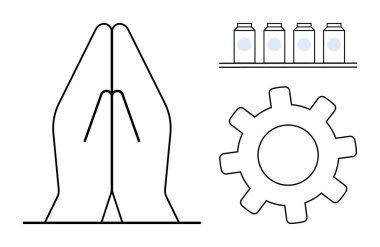 Çarkın yanında dua eden iki el ve rafta kavanozlar. Denge, uyum, endüstri, maneviyat, inanç, üretim ve basitlik için idealdir. Minimalist basit düz metafor