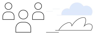 Soyut hareket çizgileriyle birbirine bağlı üç basit insan figürü. Takım çalışması, işbirliği, iletişim, bulut hesaplama, yenilik, ağ oluşturma, uzaktan çalışma için idealdir. Basit düz metafor