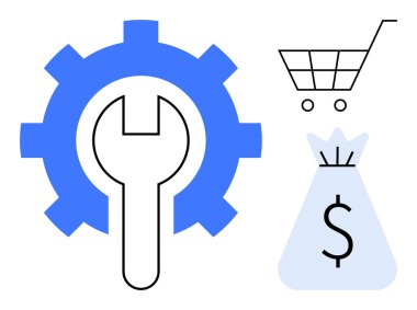 Vites ve anahtar kişiselleştirmeyi sembolize eder çevrimiçi satışlar için alışveriş arabası ve finansal başarı için para çantası. E-ticaret, iş optimizasyonu, yatırım ve dijital pazarlar için ideal