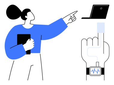Bir kadının elinde dizüstü bilgisayara işaret eden bir tablet var. Yanında da sağlık takip cihazı takan bir el. Teknoloji, sağlık izleme, yenilik, veri analizi, sunum, giyilebilir teknoloji, basit düz