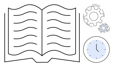 Akan çizgilerin olduğu açık bir kitap, süreçleri gösteren vitesler ve zaman yönetimini simgeleyen bir saat. Eğitim, üretkenlik, planlama, organizasyon, bilgi, iş akışı için ideal basit düz metafor
