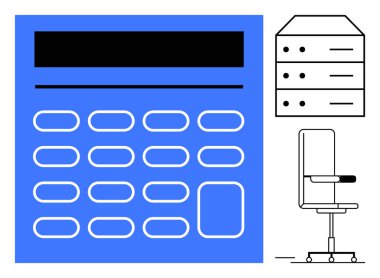 Büyük hesap makinesi verimliliği simgeler, ofis koltuğu konforu yansıtır, organizasyon için dosya dolabı. Çalışma, finans, teknoloji, üretkenlik, minimalizm, iş planlaması için ideal basit bir daire