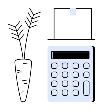 Basit bir hesap makinesi ve belgenin yanında soyut bir havuç. Tarım, bütçe, sürdürülebilirlik, tarım, finans, gıda üretimi, organik pazarlama için ideal. Temiz ve basit düz metafor