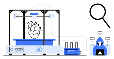 3D yazıcı anatomik kalp, büyüteç, test tüpleri ve hacker yenilikleri, veri güvenliği ve araştırmayı ön plana çıkarıyor. Teknoloji, sağlık, bilimsel biyoteknoloji siber güvenlik için ideal