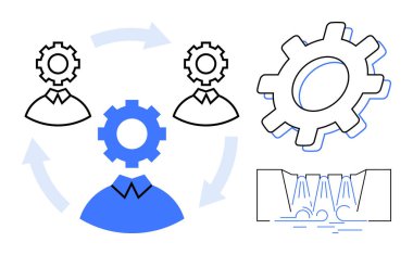 İnsan figürlerine entegre edilmiş vitesler, hareket eden oklu büyük dişliler, sıvı akış diyagramı. Takım çalışması, süreç optimizasyonu, mühendislik, mekanik, otomasyon, işbirliği yeniliği için ideal