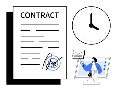 Sözleşme imzalama konsepti. İmzalı bir belge, saat izleme süresi ve online sözleşme süreci. İş, hukuk, eğitim, iş akışı ve organizasyonda sözleşmeli kullanım