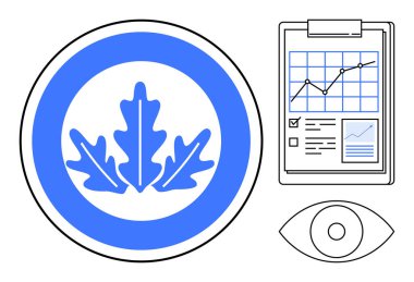 Mavi yaprak doğayı, pano özelliklerini grafik ve kontrol listesini ve göz de görüşü sembolize eder. Sürdürülebilirlik, veri yönetimi, ekoloji, izleme, mali analiz, araştırma için ideal