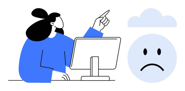 Error concept. Display of frustration as a person points at a computer issue, highlighted by a sad emotion in the cloud. Error in digital operations and troubleshooting . For IT, troubleshooting